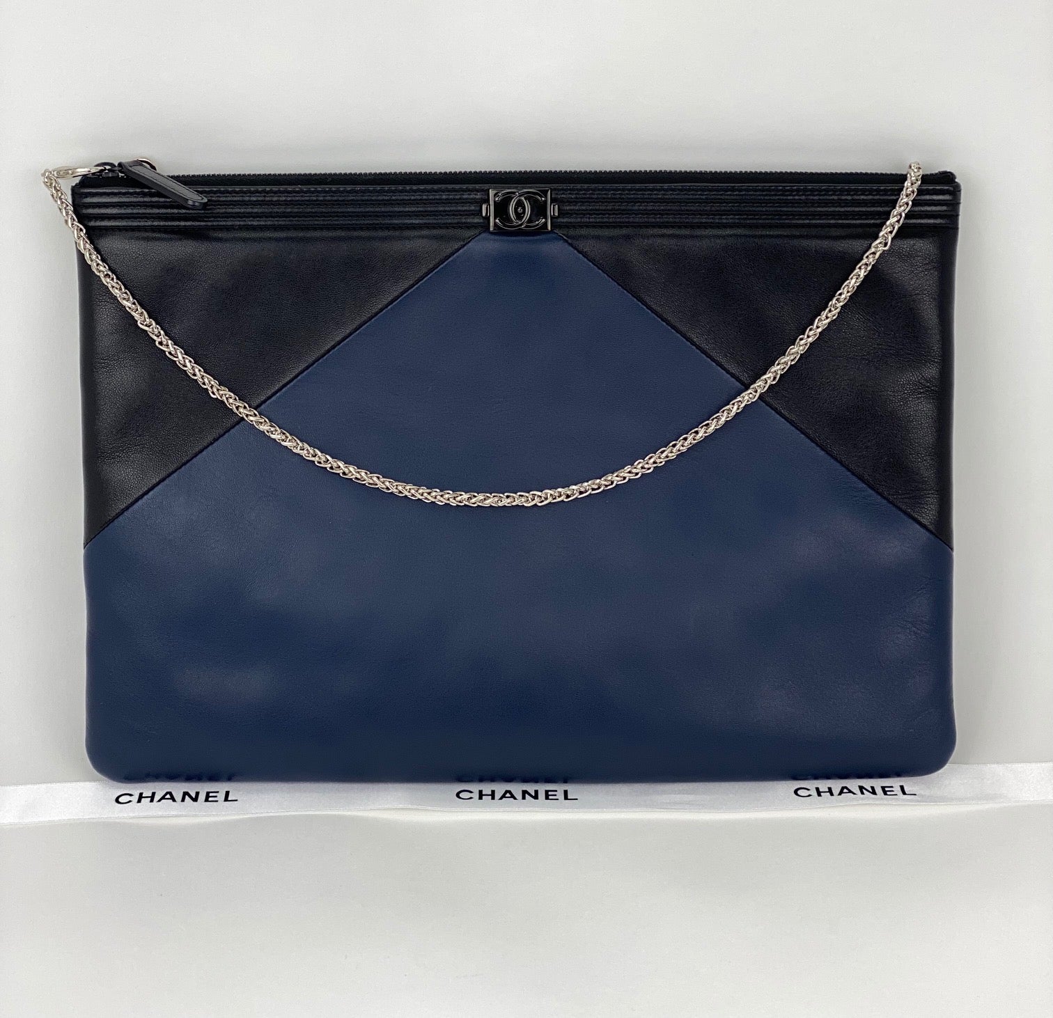 Chanel Quilted Lambskin Leather Black Blue Large Boy Zip Pouch Added Chain