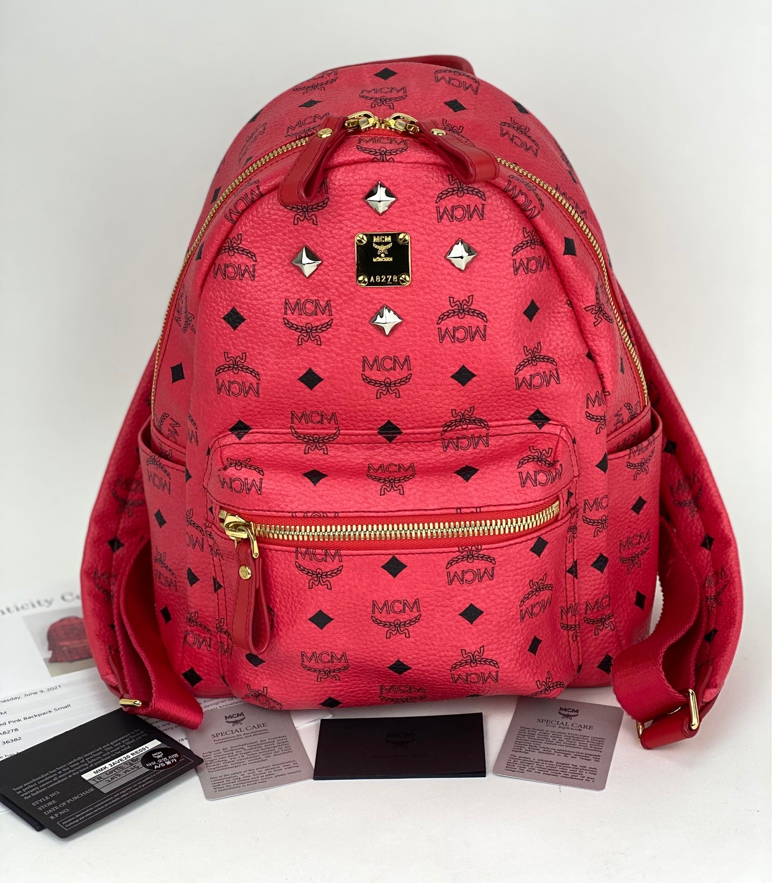 MCM Cognac Visetos Red Leather Studs Stark Backpack Authentic Preowned