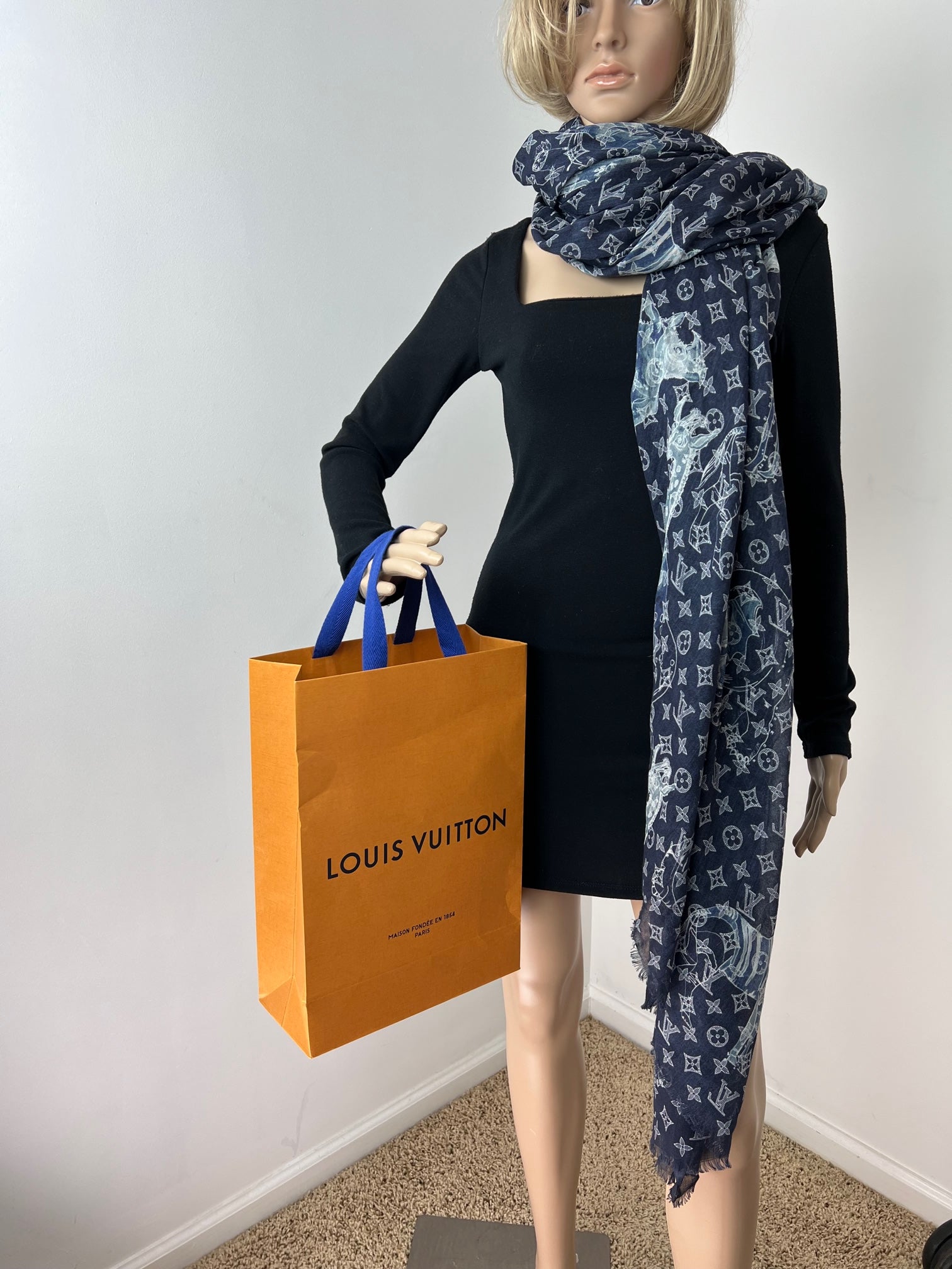 LOUIS VUITTON Cashmere Silk Chapman Brothers Stole Blue Wrap Scarf