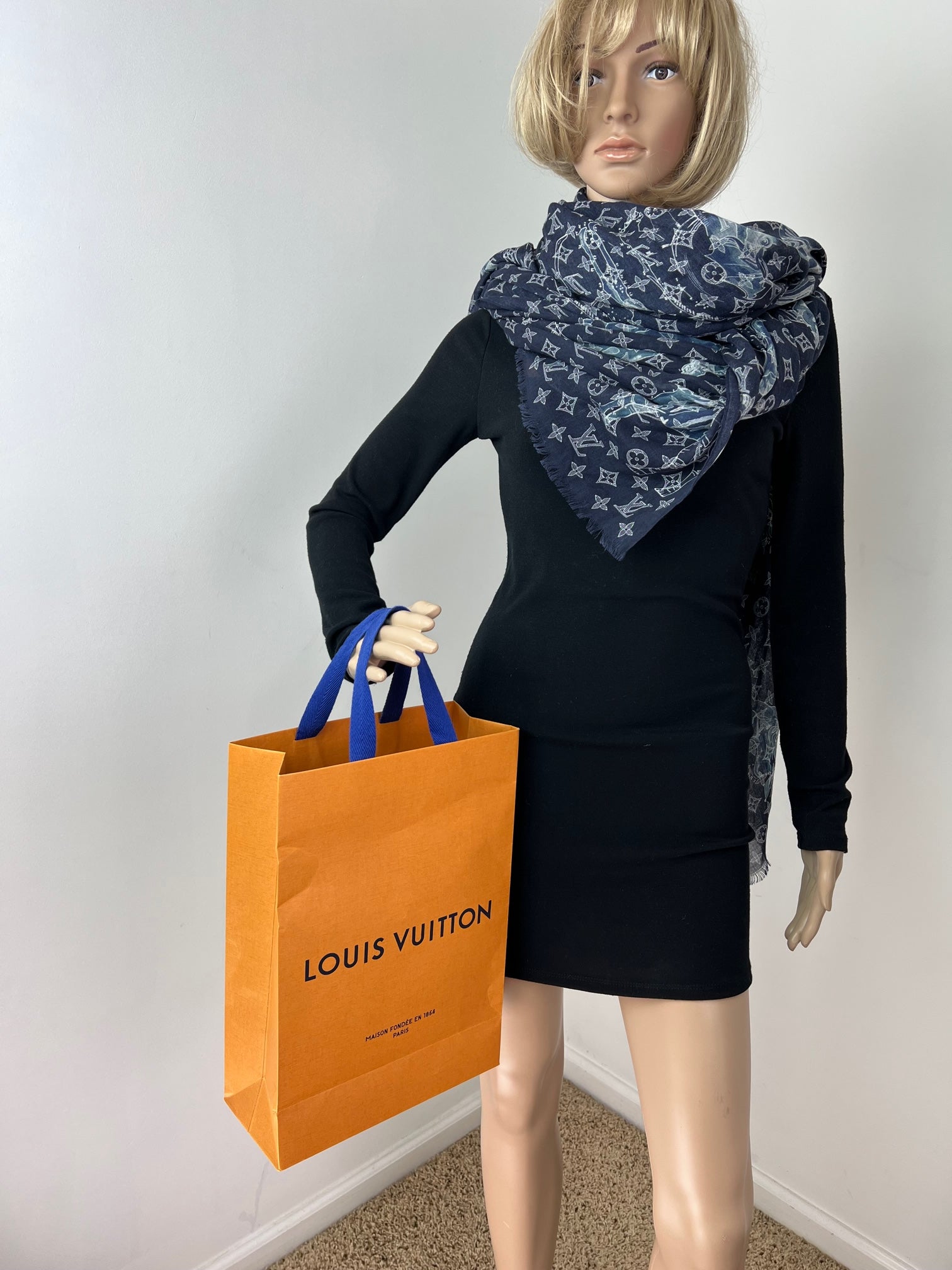 LOUIS VUITTON Cashmere Silk Chapman Brothers Stole Blue Wrap Scarf