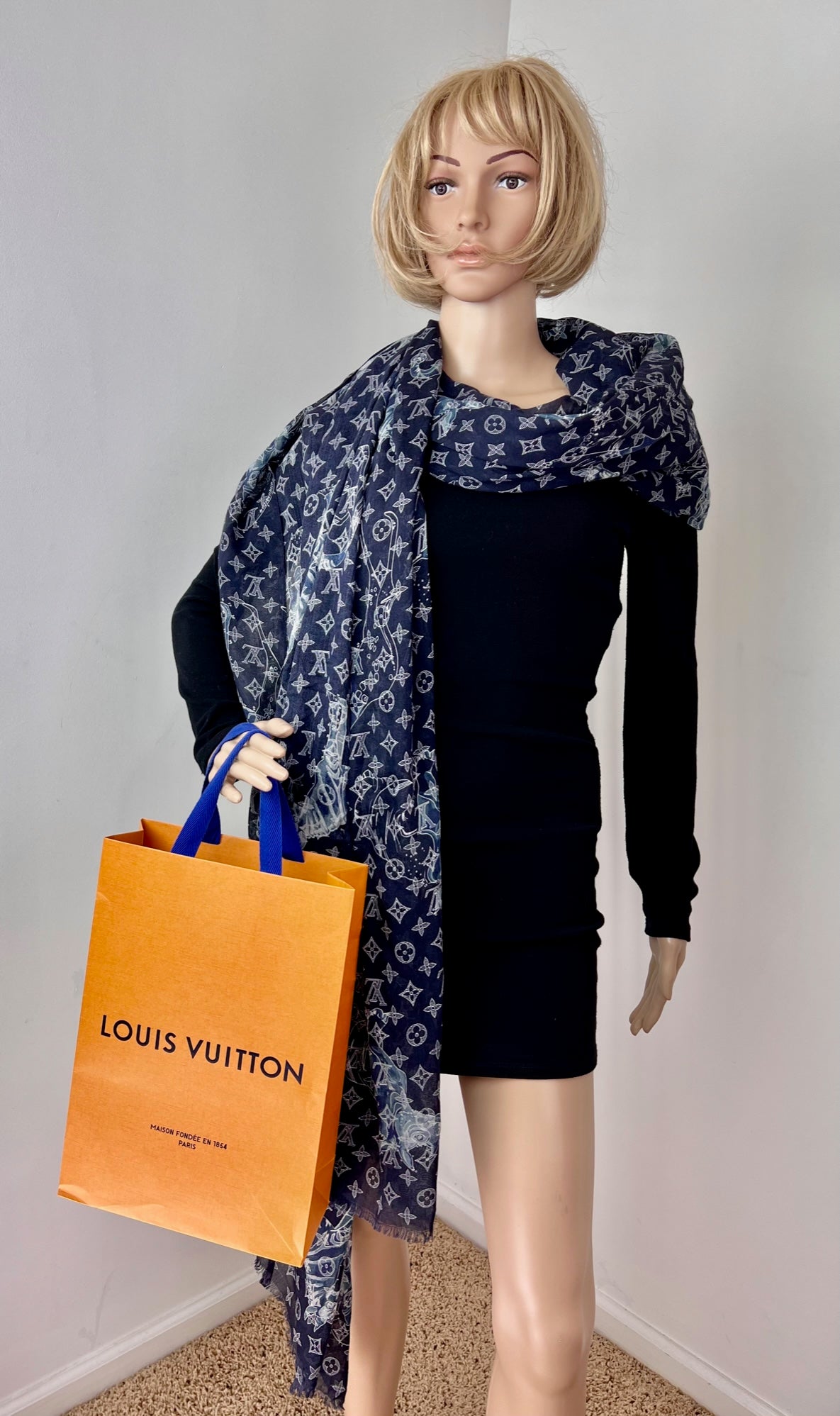 LOUIS VUITTON Cashmere Silk Chapman Brothers Stole Blue Wrap Scarf