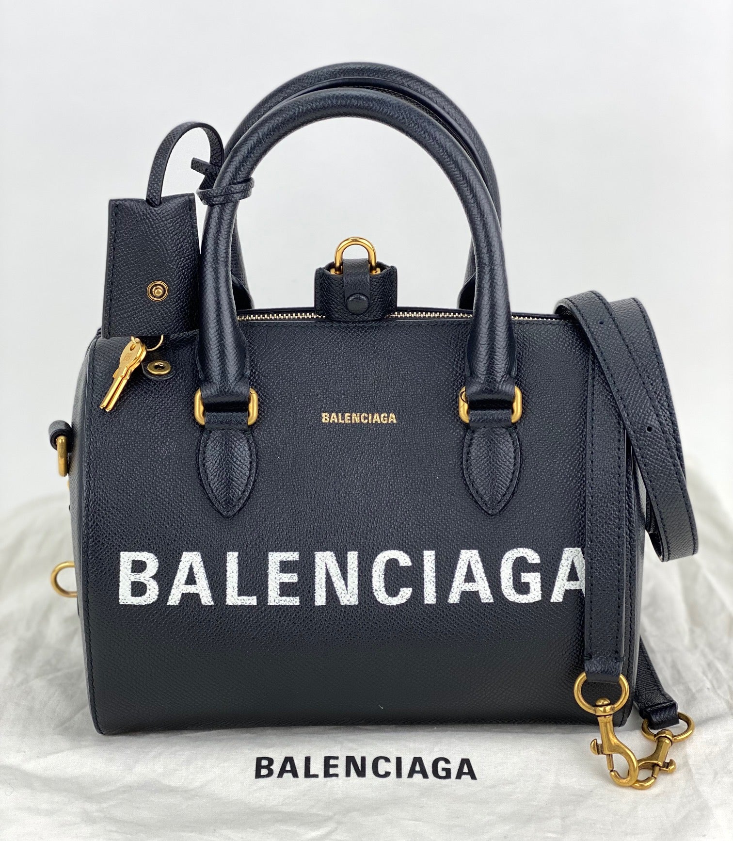 Balenciaga Ville Bowling Small Black Grained Leather Satchel Crossbody Bag preowned