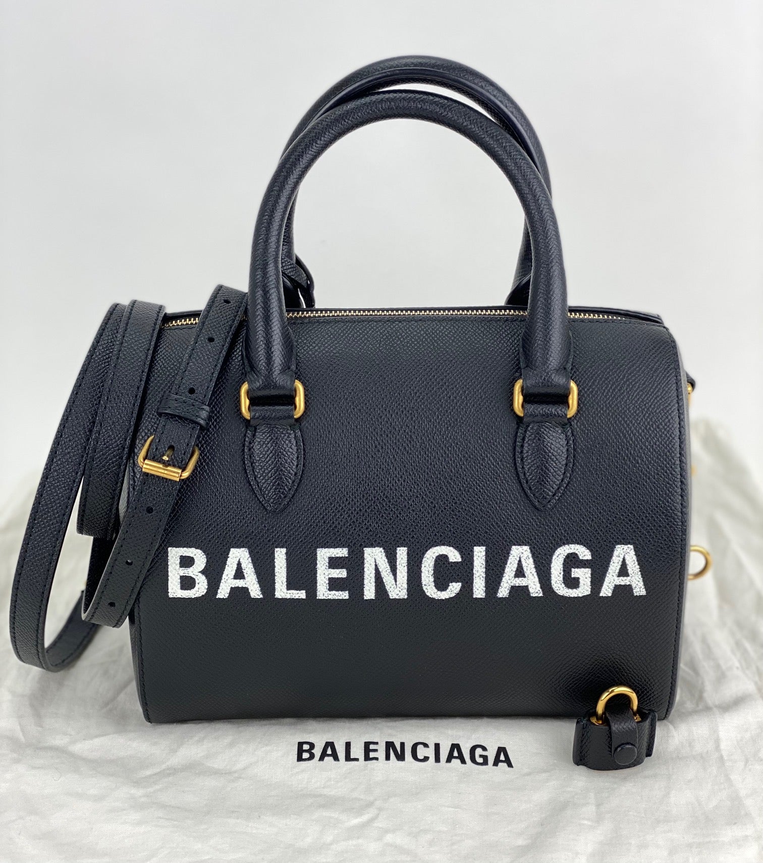 Balenciaga Ville Bowling Small Black Grained Leather Satchel Crossbody Bag preowned