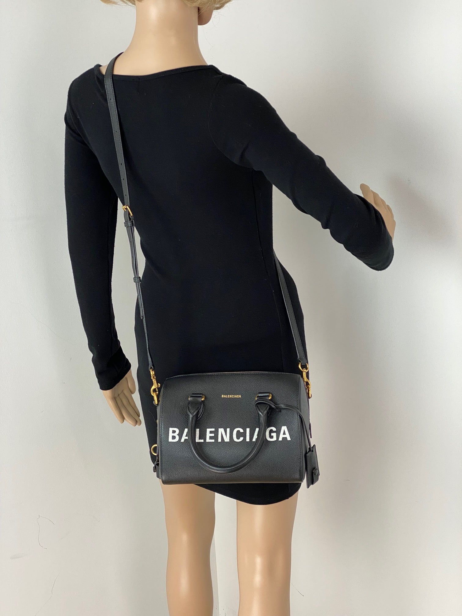 Balenciaga Ville Bowling Small Black Grained Leather Satchel Crossbody Bag preowned