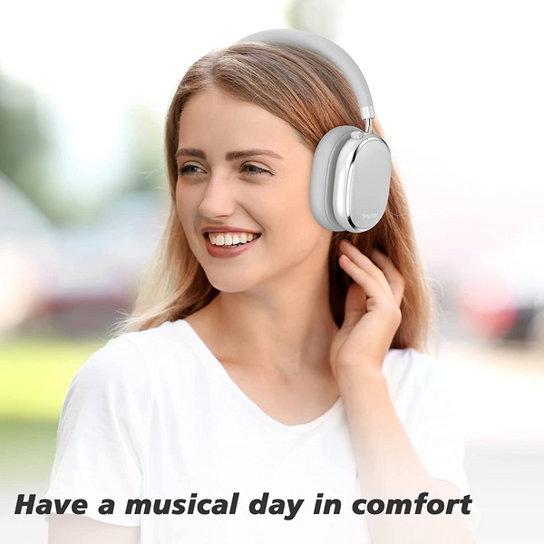 Woman happy using Srhythm ANC headphones