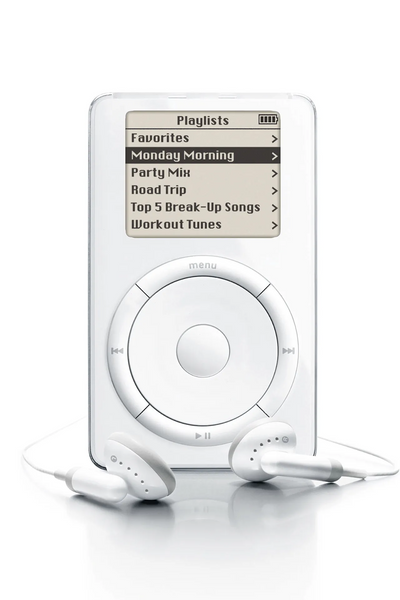 iPod, accompanied by the iconic white earbuds