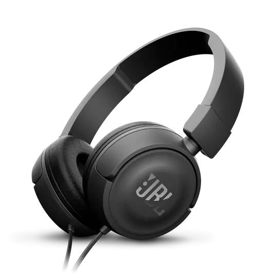 A pair of JBL headphones, black, with a comfortable over-ear design. The headphones have a sleek and modern look, featuring cushioned ear cups and an adjustable headband. The JBL logo is prominently displayed on the sides of the headphones