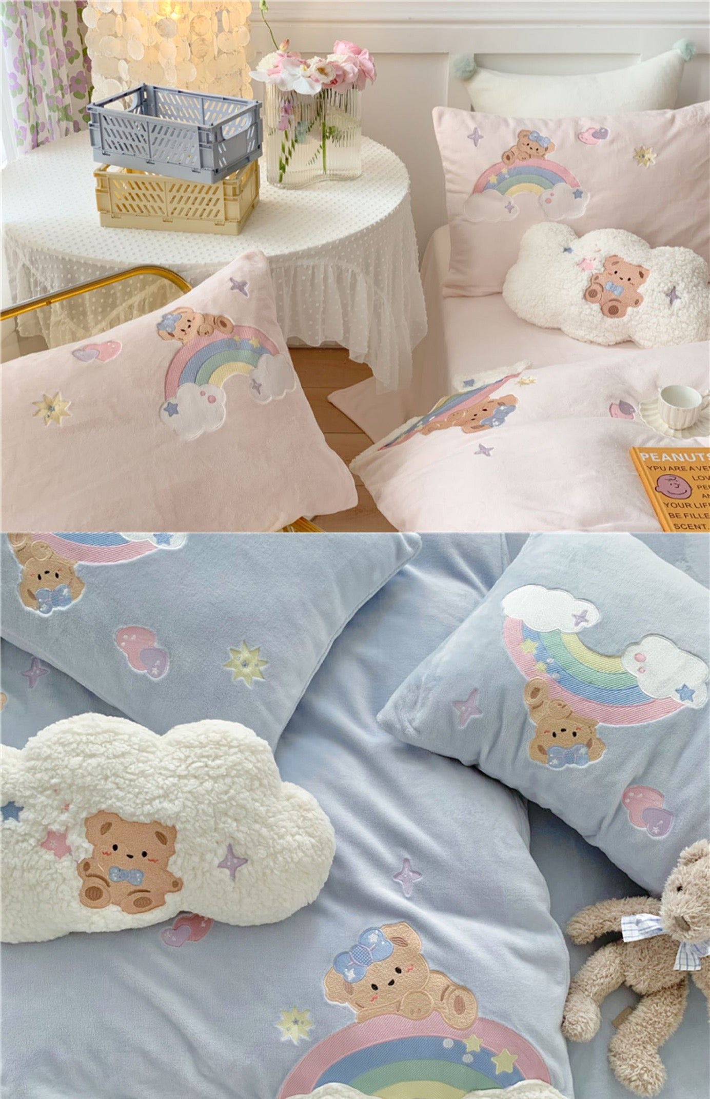 Premium baby soft fleece rainbow bear Cream yellow / baby blue/ baby pink bedding set duvet cover bed sheet pillow cases bedding set