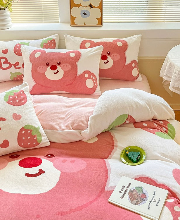 Pinky bear fleece warm winter bedding set
