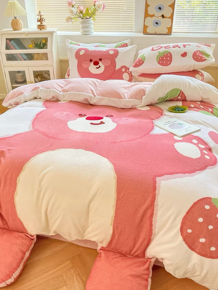 Pinky bear fleece warm winter bedding set