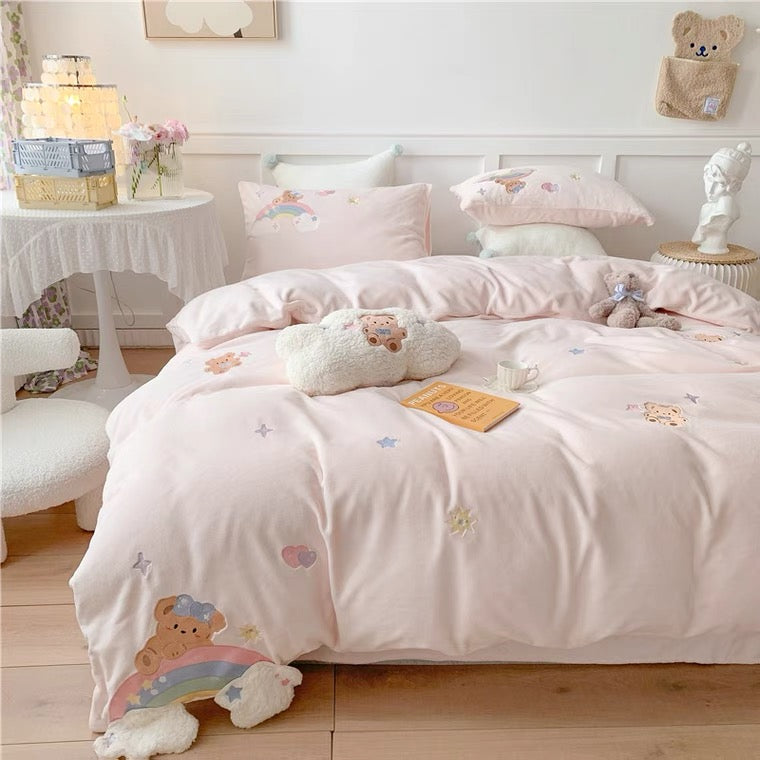 Premium baby soft fleece rainbow bear Cream yellow / baby blue/ baby pink bedding set duvet cover bed sheet pillow cases bedding set