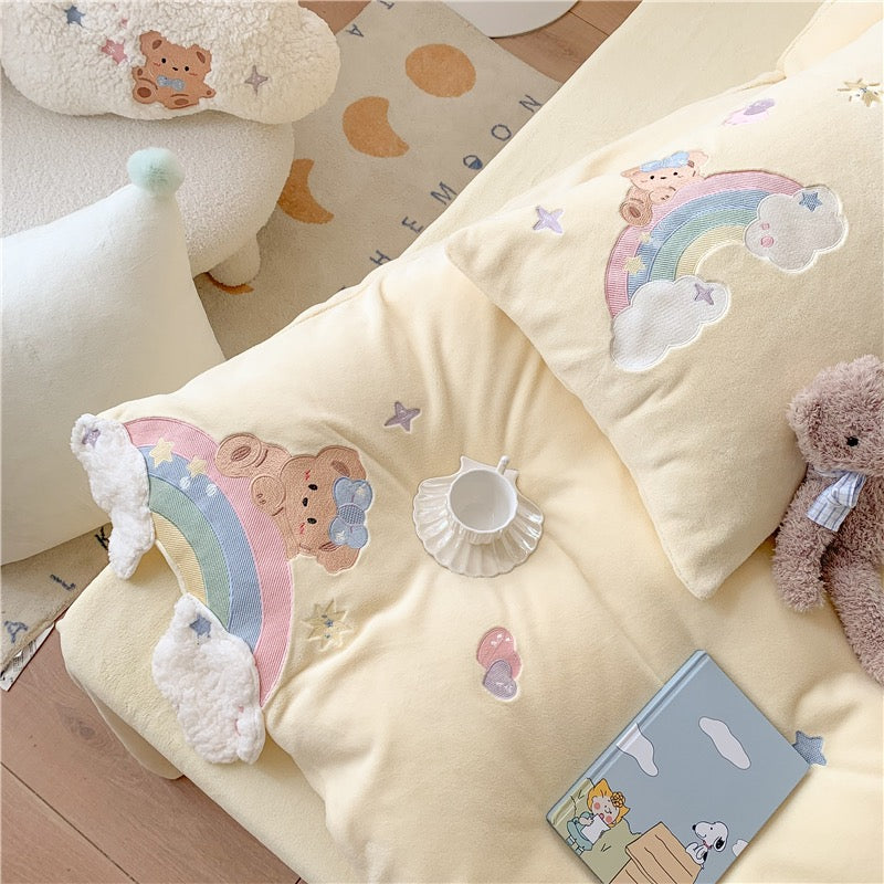 Premium baby soft fleece rainbow bear Cream yellow / baby blue/ baby pink bedding set duvet cover bed sheet pillow cases bedding set