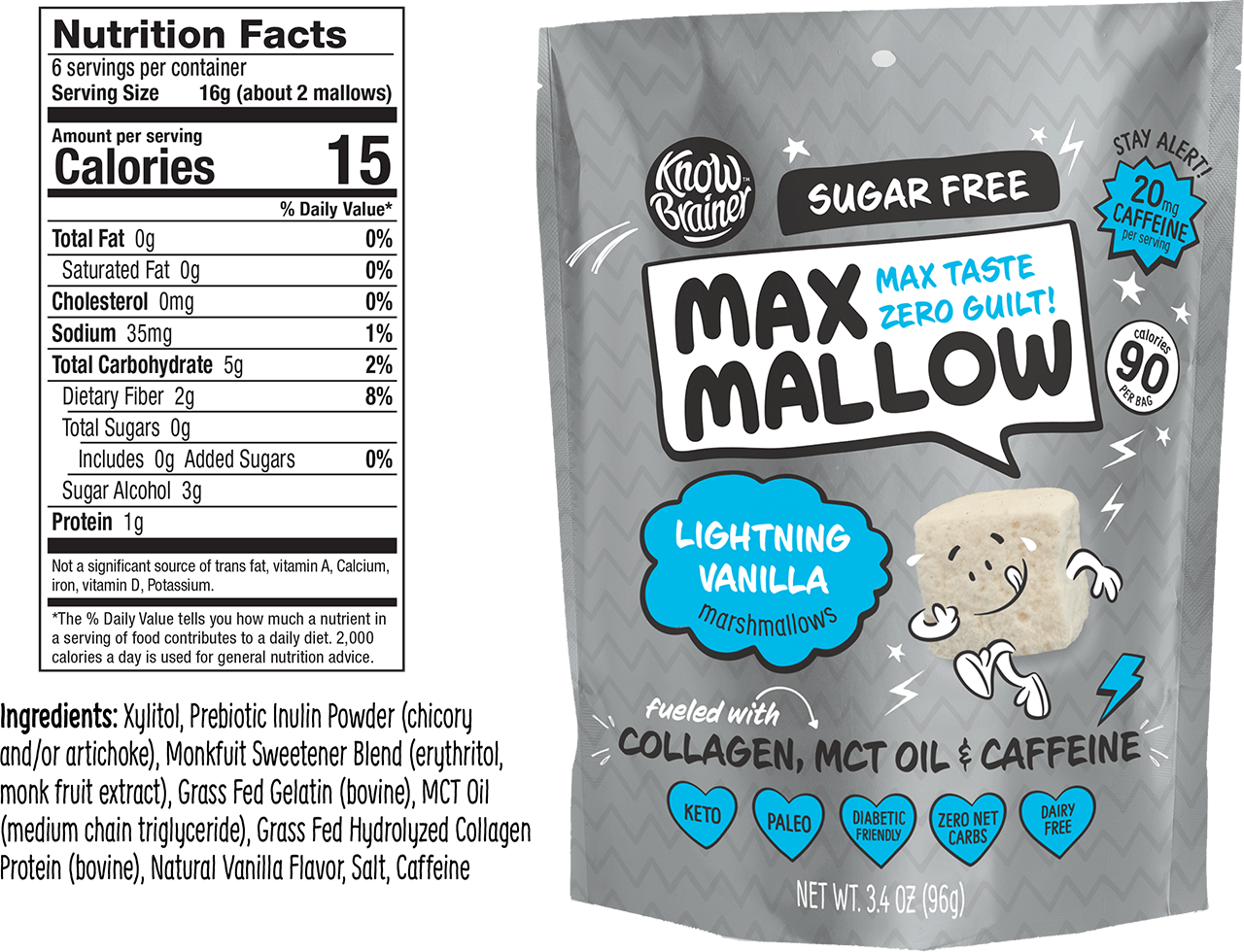 Max Mallow - Lighting Vanilla, Keto Marshmallow & Collagen by Know Brainer Foods - Sugar Free Marshmallow Bites