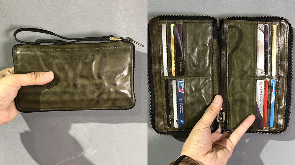 Long wallet for Men, Mens Zip Long Leather Wallet, Black Leather Bifold Clutch Wallet, Mens Checkbook Leather Wirstlet Wallet