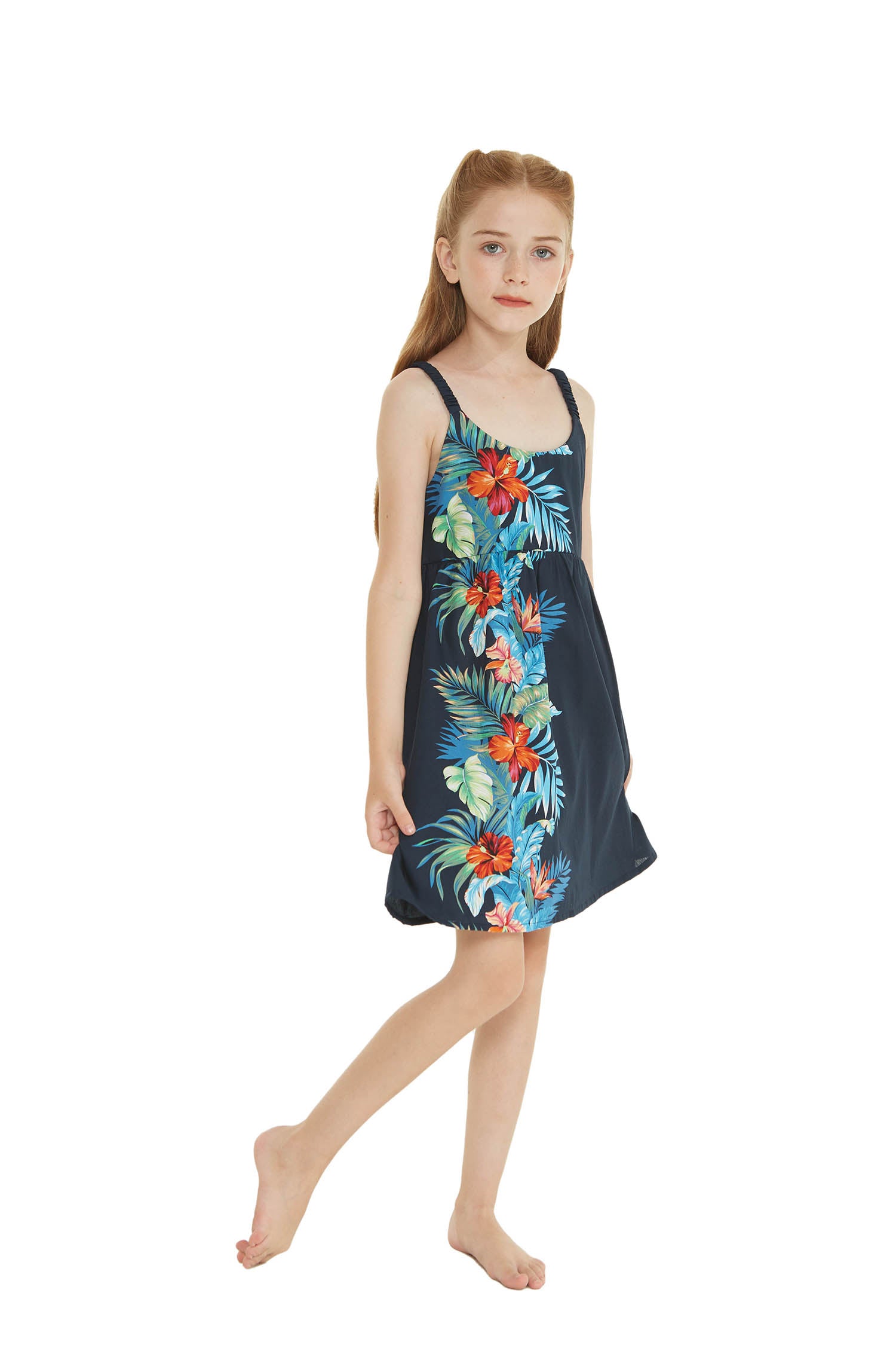 Girl Classic Empire Dress with Elastic Strap in Orchid Paradise Navy