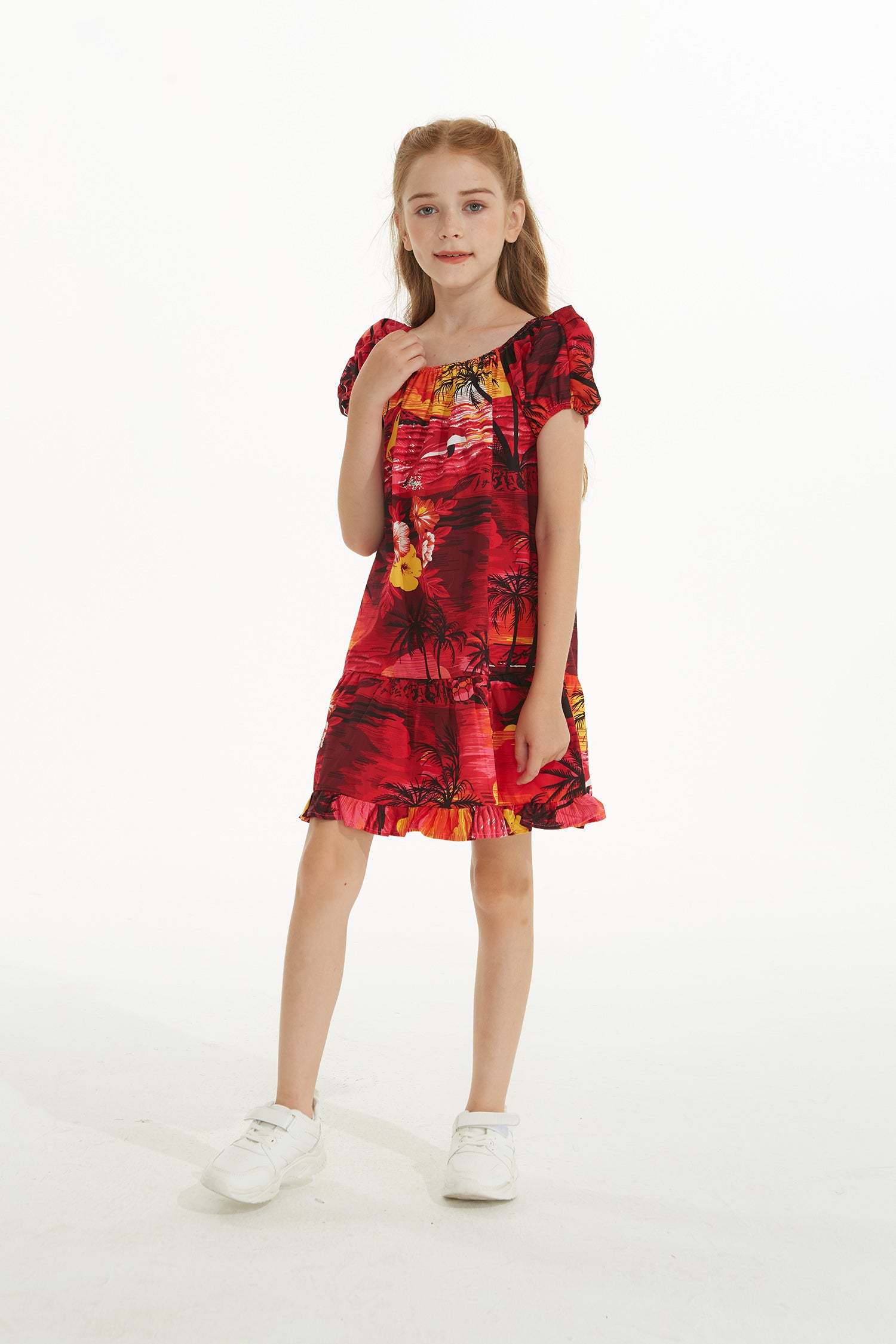 Girl Sleeve Ruffle Dress in Dolphin Sunset Red
