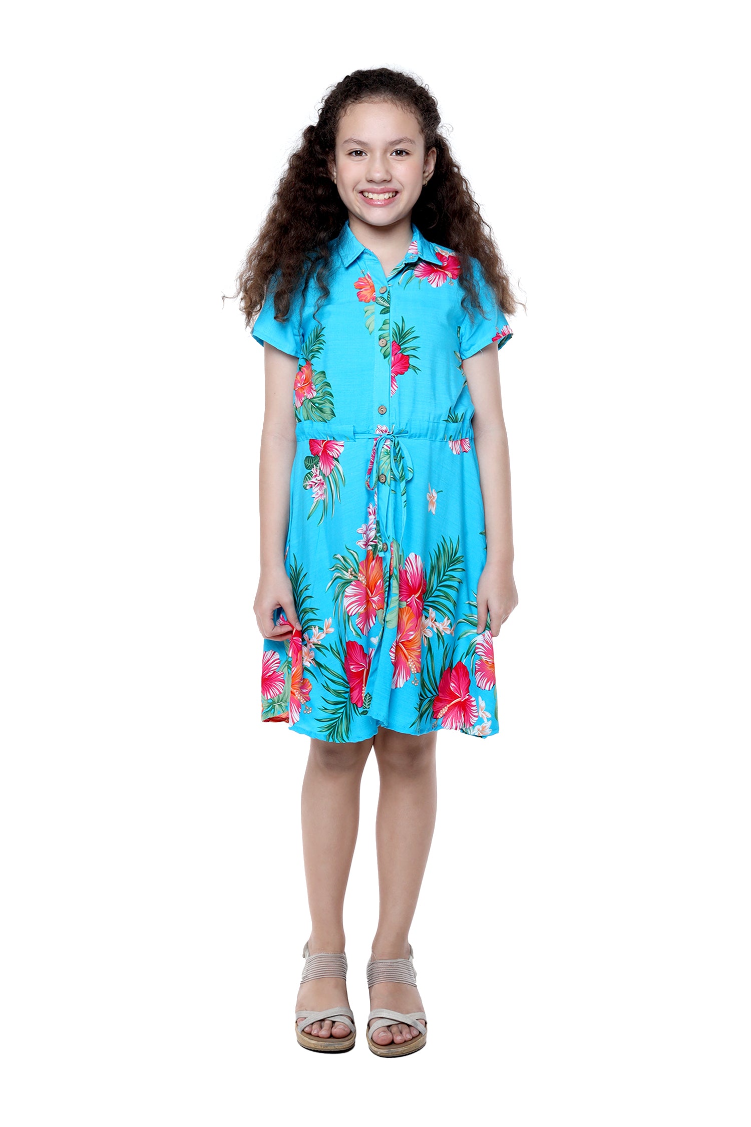 Girl Hawaiian Short Sleeve Shirt Dress with Tie in Pretty Tropical Turquoise