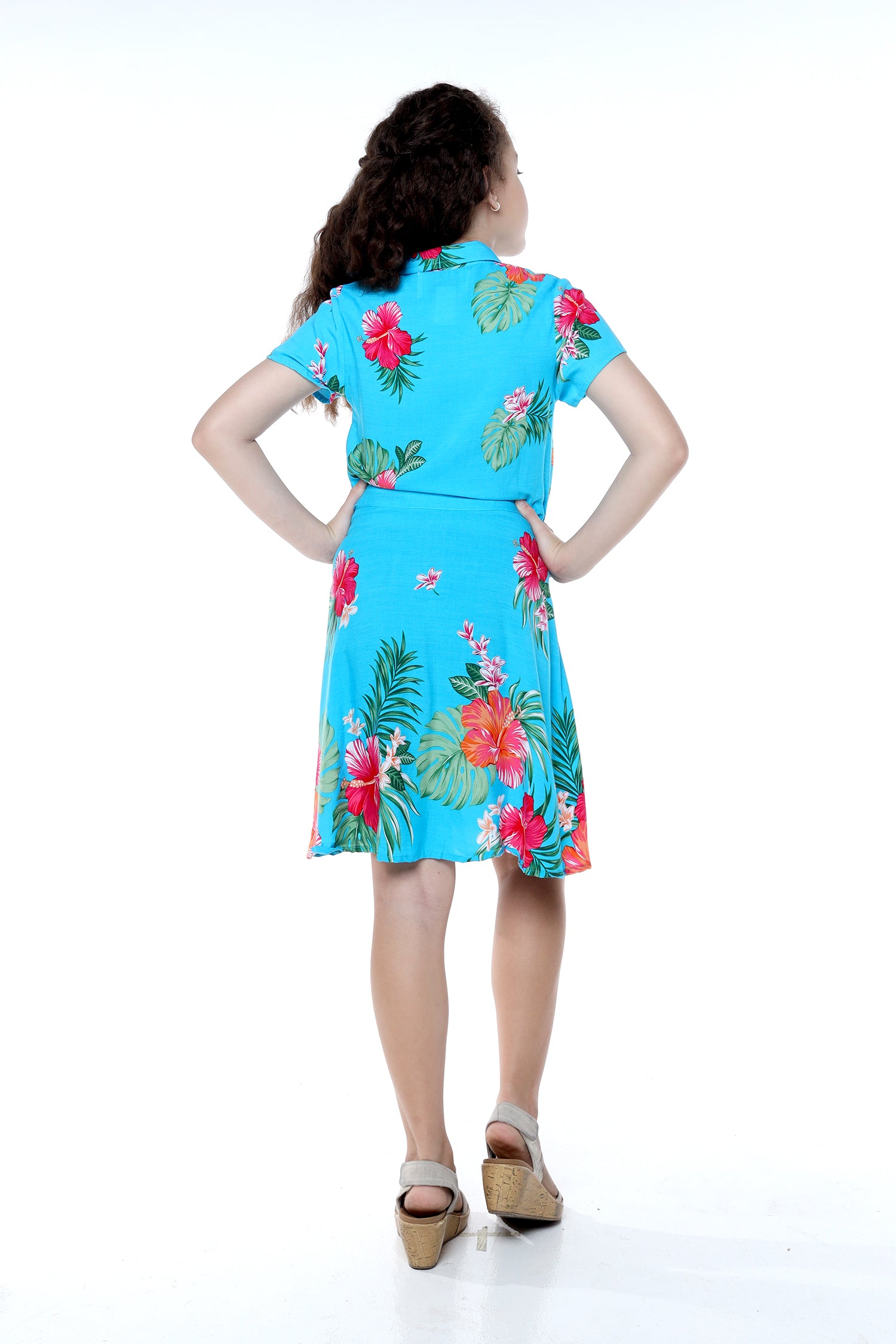 Girl Hawaiian Short Sleeve Shirt Dress with Tie in Pretty Tropical Turquoise