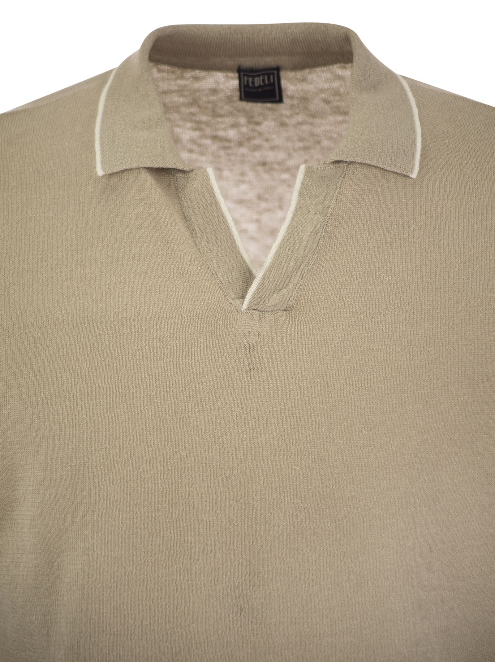 Fedeli Polo Shirt With Open Collar In Linen And Cotton