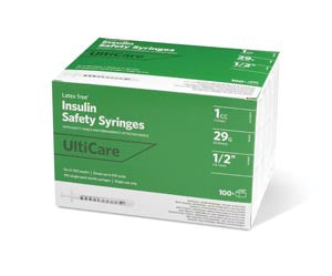ULTIMED ULTICARE INSULIN FIXED NEEDLE SAFETY SYRINGES. NEEDLE INSULIN FIXED SAFETYSYR 29GX1/2 1CC 100/BX, BOX