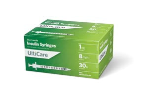 ULTIMED ULTICARE INSULIN SYRINGES. SYRINGE INSULIN 1CC 30GX5/16100/BX, BOX