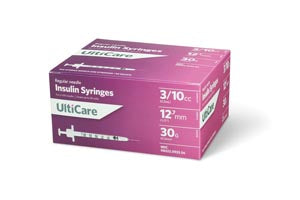 ULTIMED ULTICARE INSULIN SYRINGES. SYRINGE INSULIN 3/10CC 30GX1/2100/BX, BOX