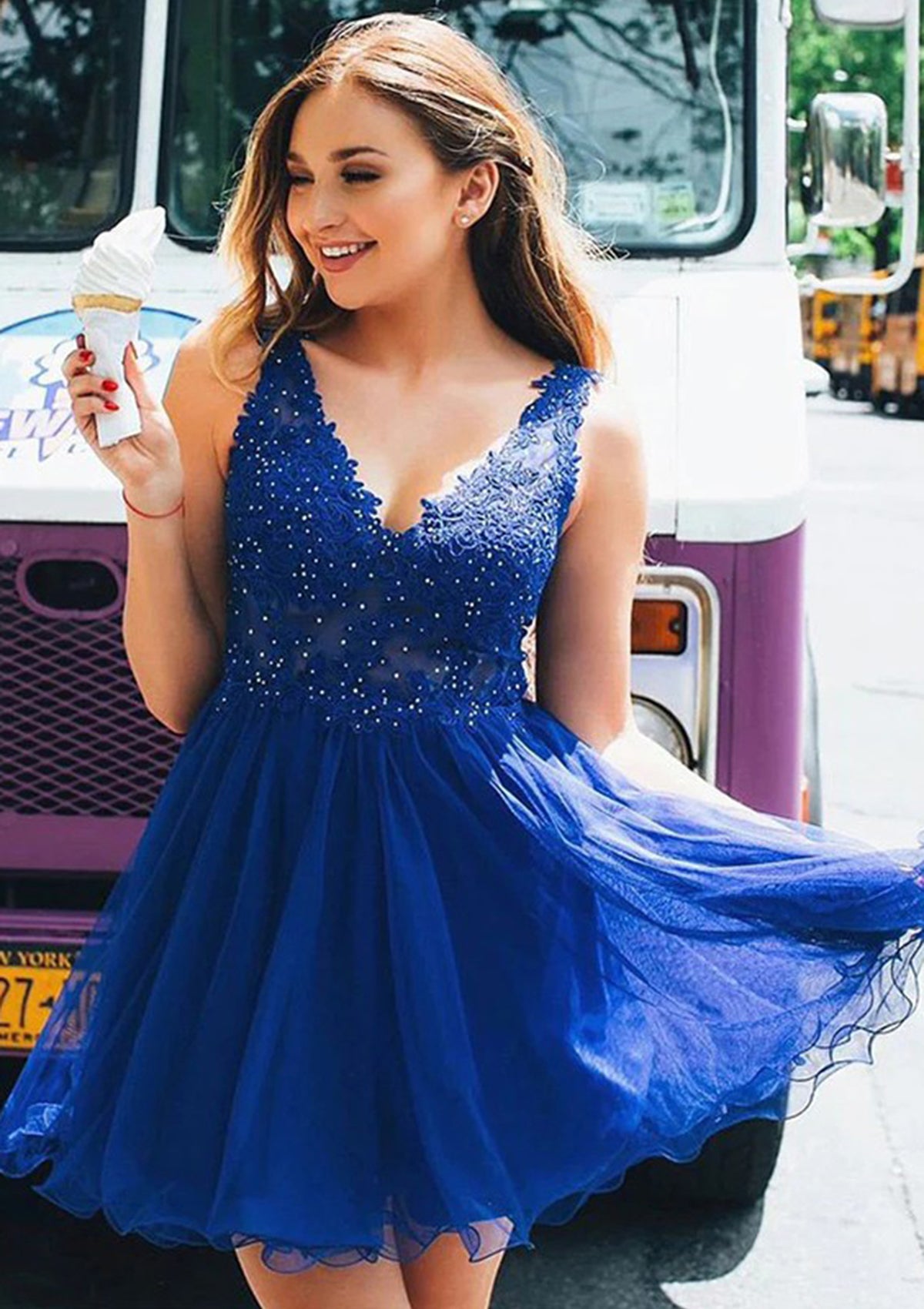 A-line V Neck Sleeveless Royal Blue Tulle Short Mini Homecoming Dress, Beading Lace