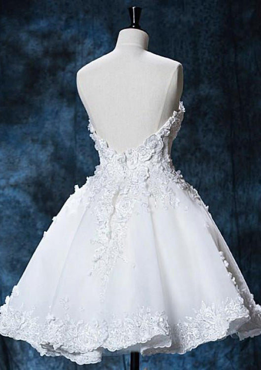 Ball Gown Ivory Satin Strapless Short Wedding Dress, Beaded Lace