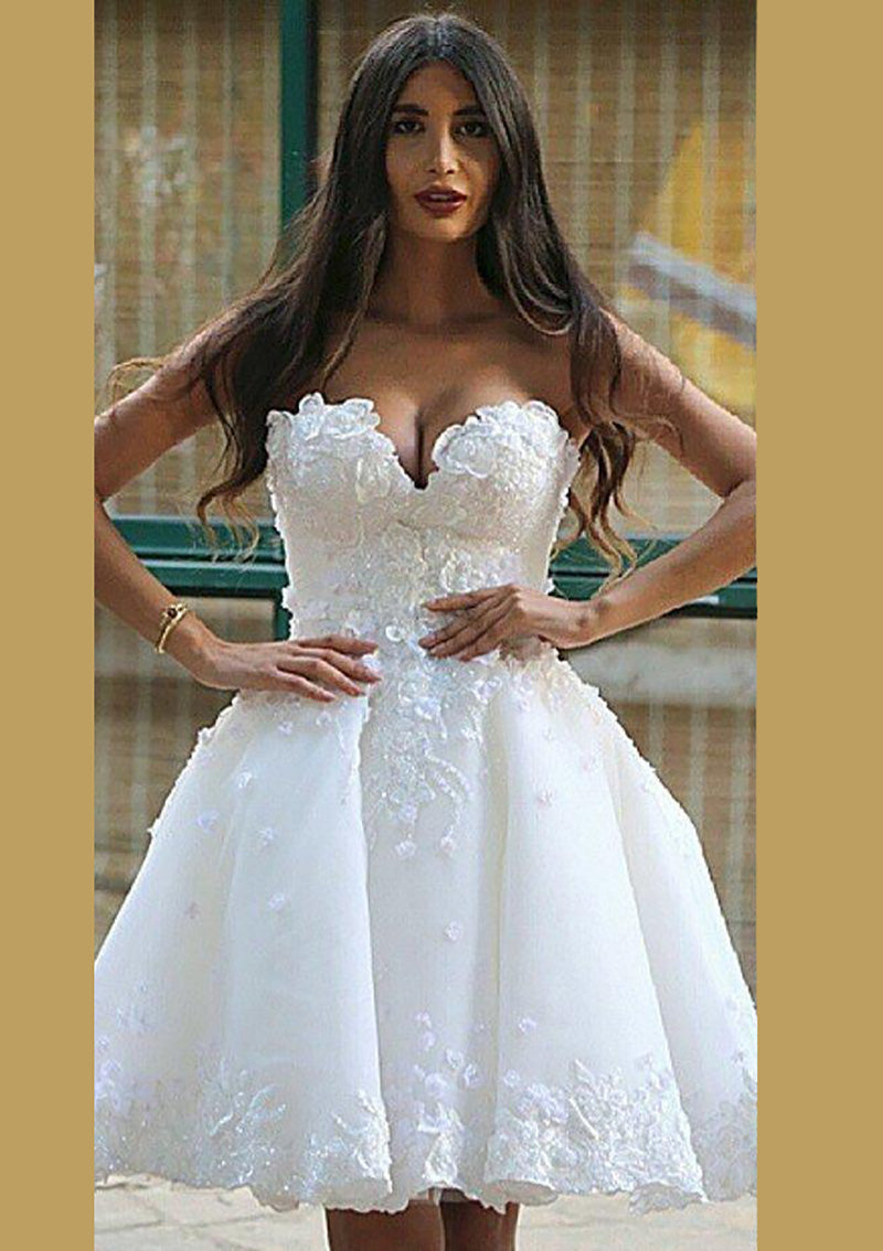 Ball Gown Ivory Satin Strapless Short Wedding Dress, Beaded Lace