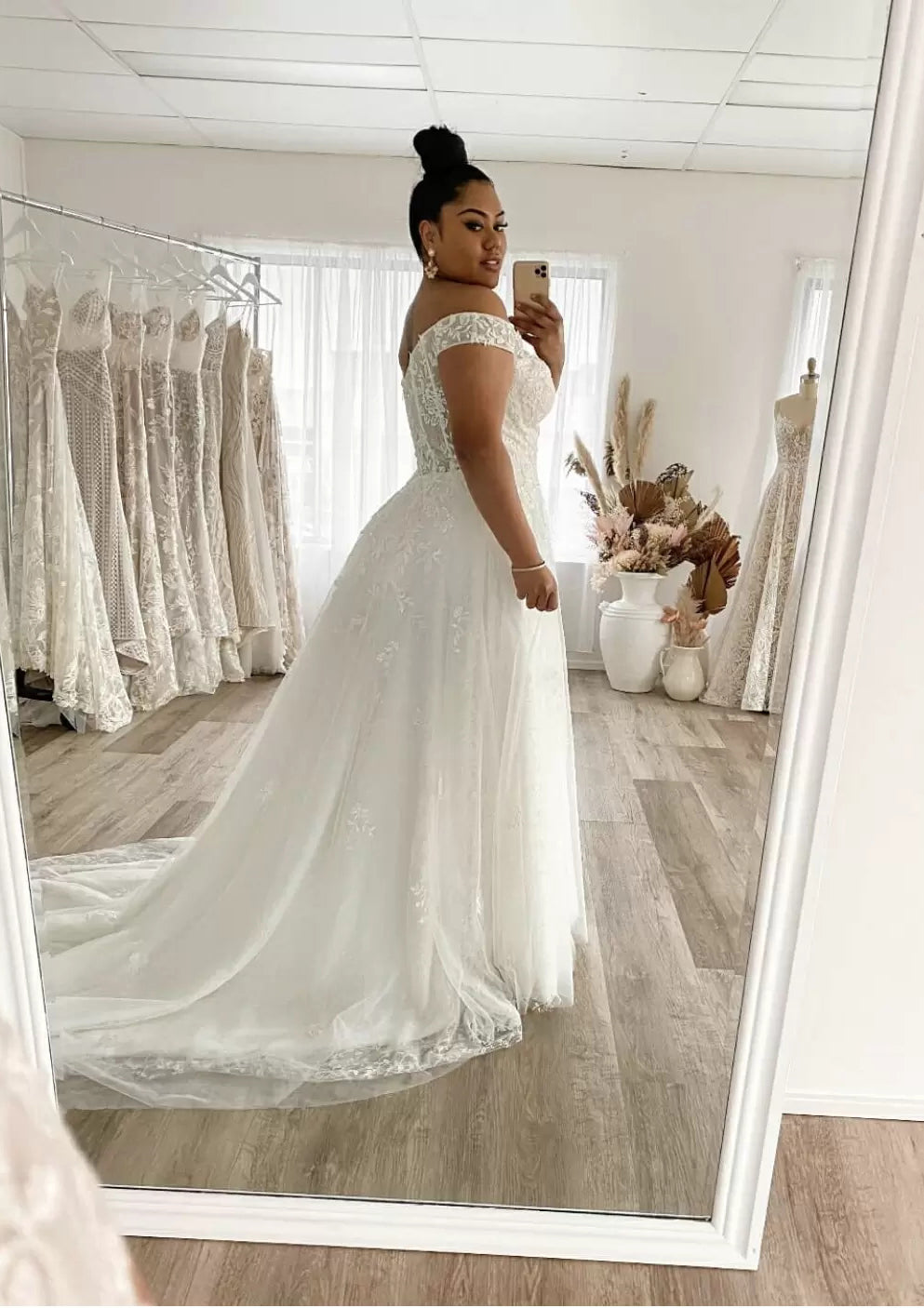 A-line Off Shoulder Floor Length Court Lace Tulle Plus Size Wedding Dress