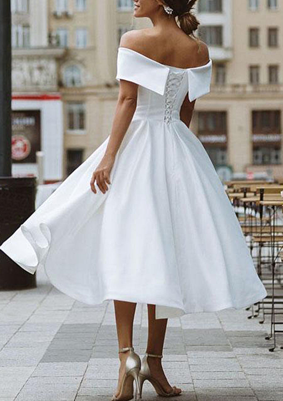 A-line Off Shoulder White Satin Tea-Length Homecoming Dress