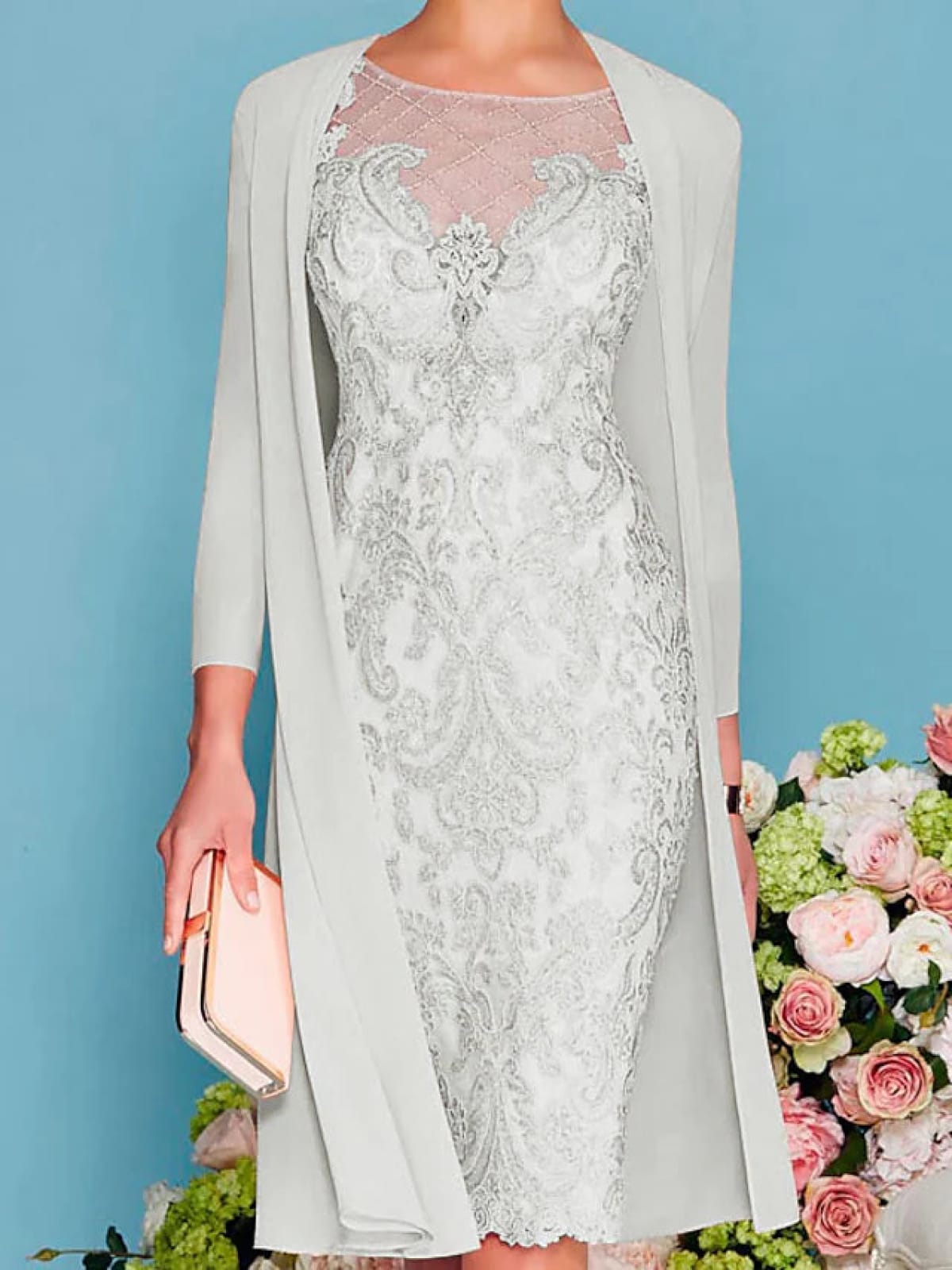 3/4 Sleeve Sheer Chiffon Lace Two Piece Sheath Mother of Bride Dress, Beaded Lace