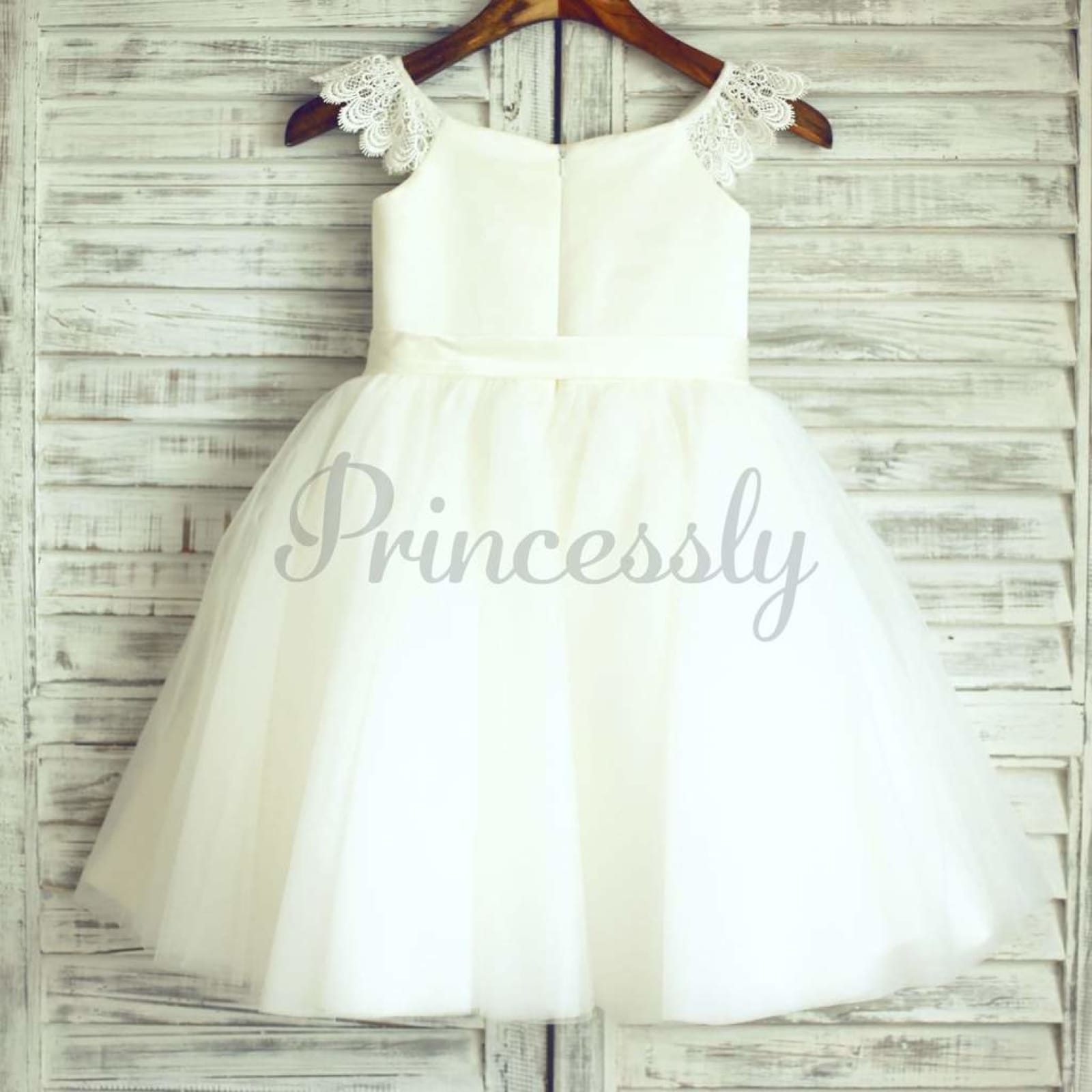 $69 SALE: Ivory Lace Cap Sleeves Tulle Flower Girl Dress with Ivory Sash