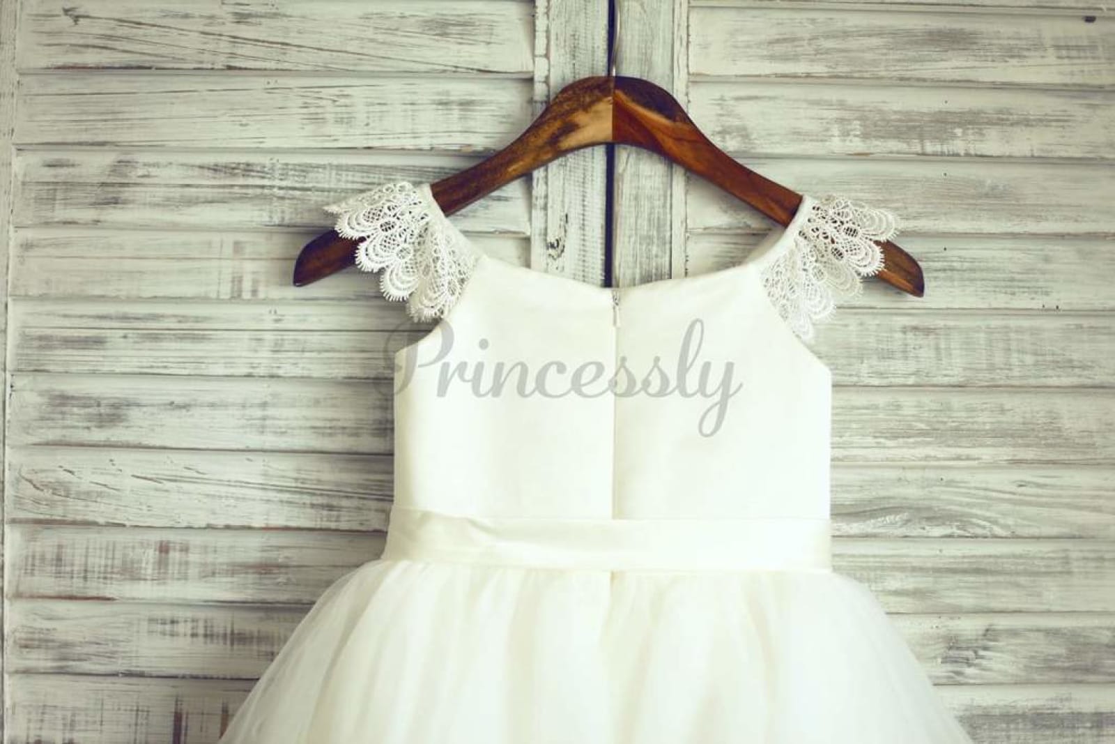 $69 SALE: Ivory Lace Cap Sleeves Tulle Flower Girl Dress with Ivory Sash