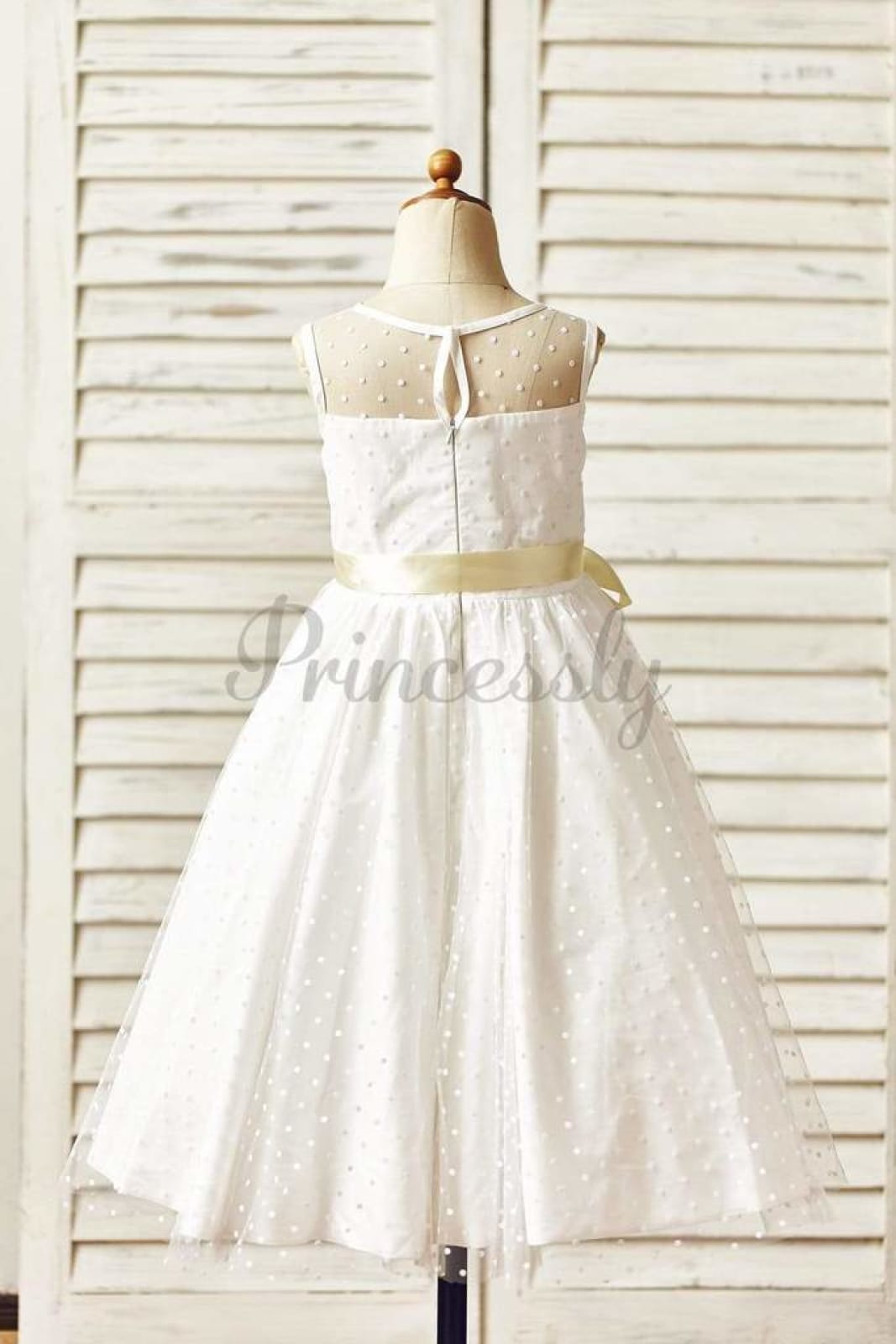 $69 SALE: Sheer Neck Polka Dot Tulle Flower Girl Dress with Champagne Sash