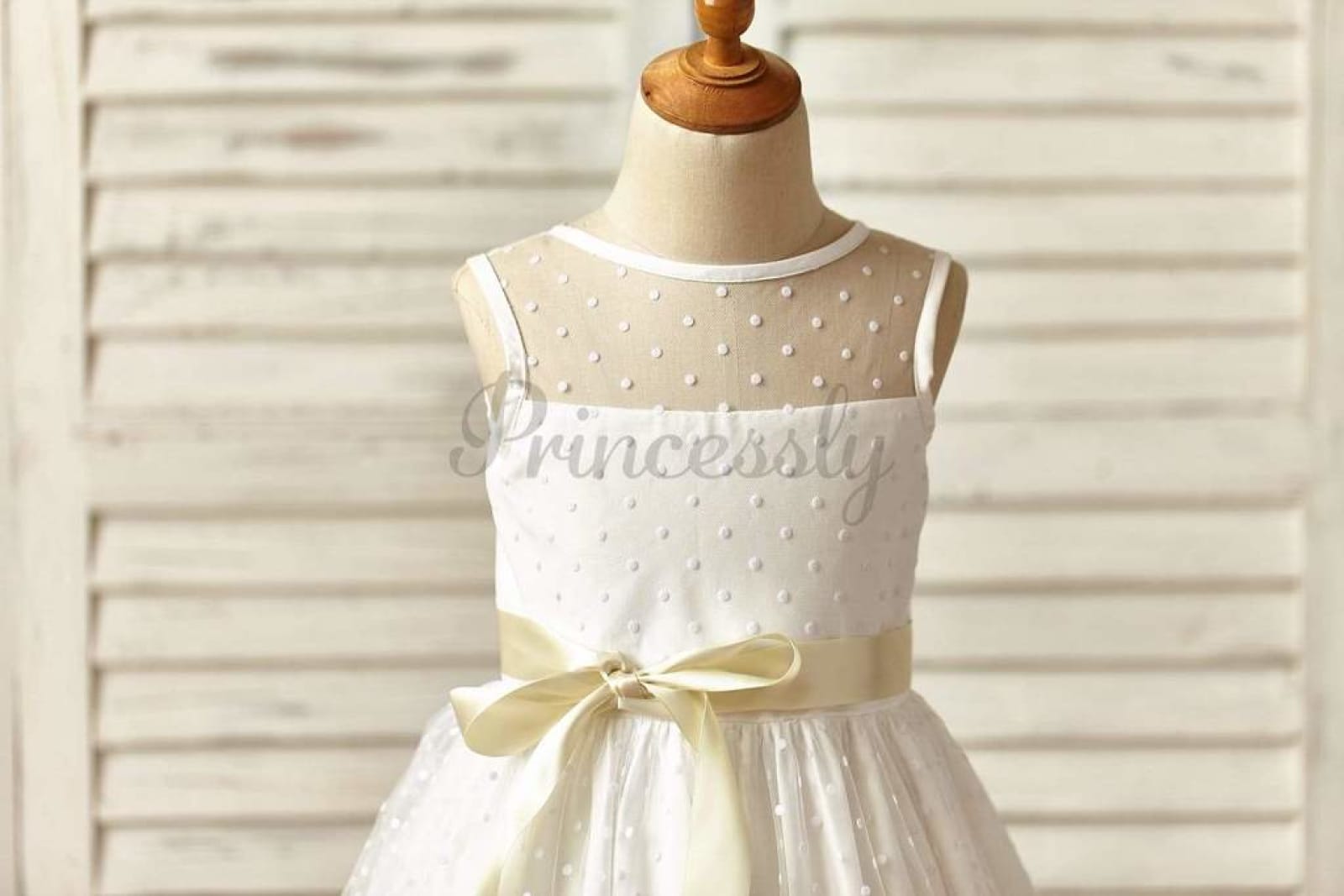 $69 SALE: Sheer Neck Polka Dot Tulle Flower Girl Dress with Champagne Sash