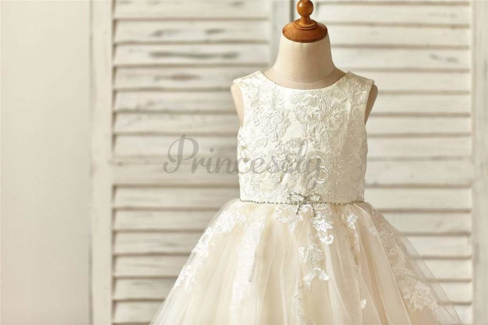 $79 SALE: Champagne Satin Tulle Flower Girl Dress with Beaded Sash