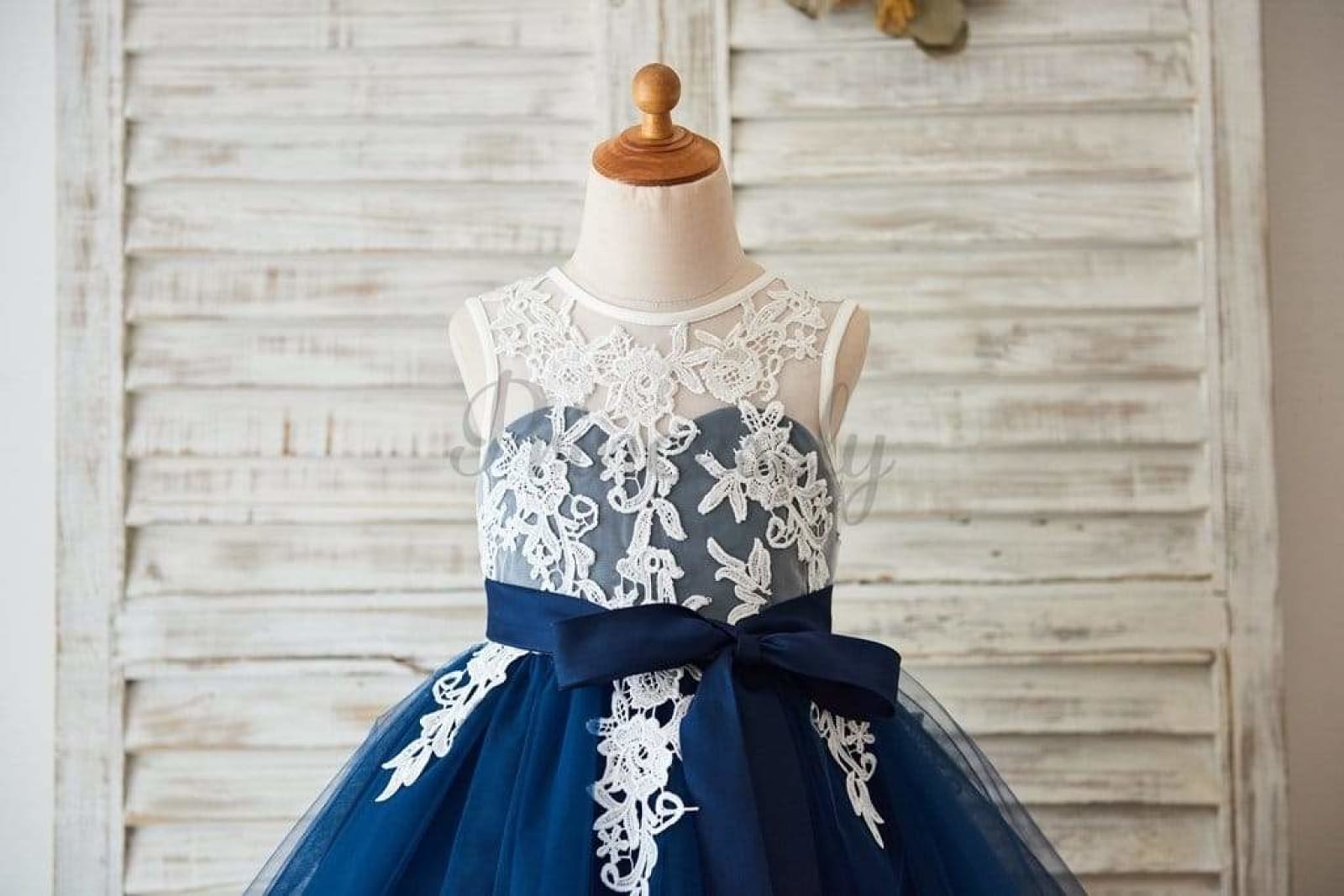 $79 SALE: Ivory Lace Navy Blue Tulle Wedding Flower Girl Dress with V Back