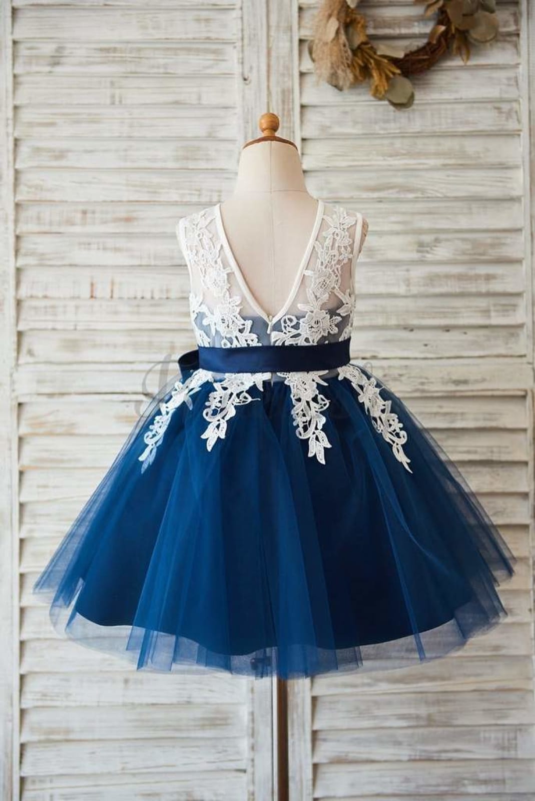 $79 SALE: Ivory Lace Navy Blue Tulle Wedding Flower Girl Dress with V Back