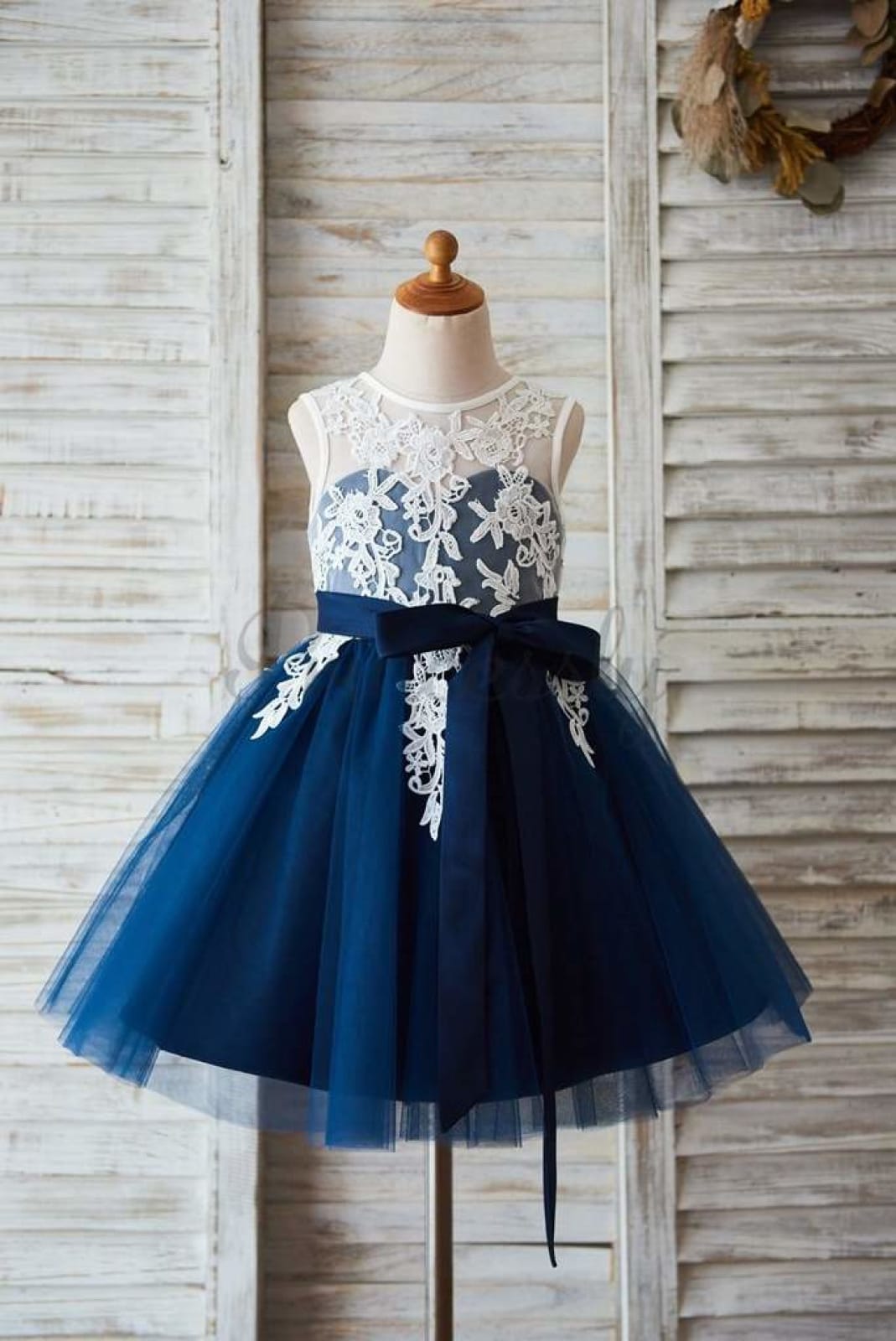 $79 SALE: Ivory Lace Navy Blue Tulle Wedding Flower Girl Dress with V Back