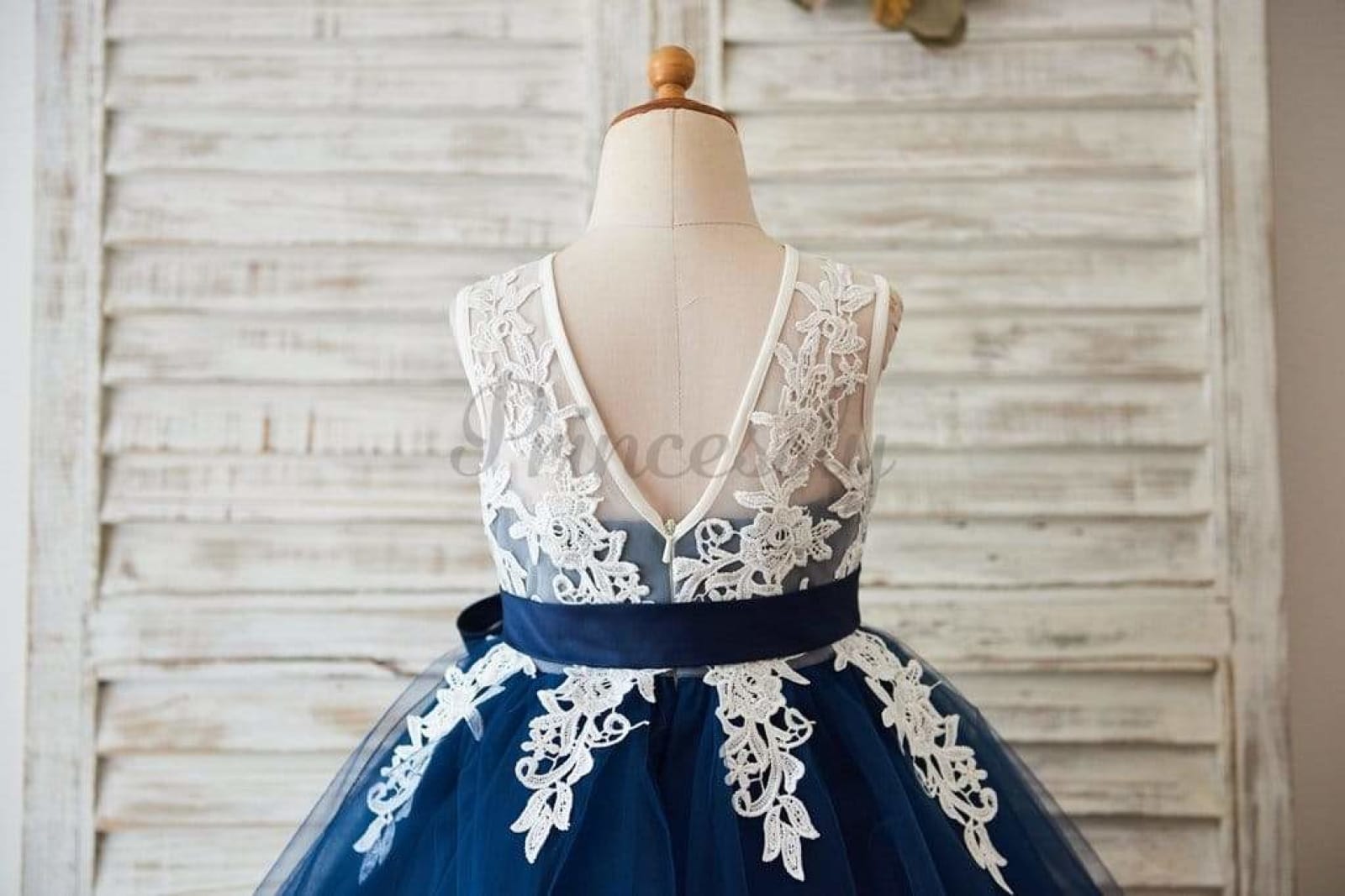 $79 SALE: Ivory Lace Navy Blue Tulle Wedding Flower Girl Dress with V Back