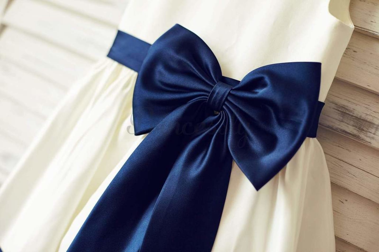 $79 SALE: Ivory Satin Flower Girl Dress with Navy Blue Belt / Bow