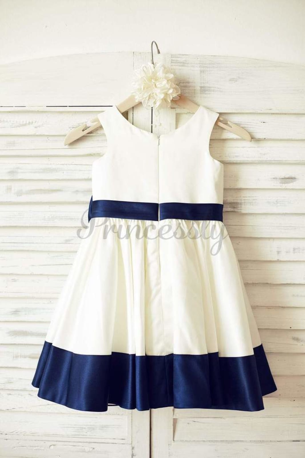 $79 SALE: Ivory Satin Flower Girl Dress with Navy Blue Belt / Bow