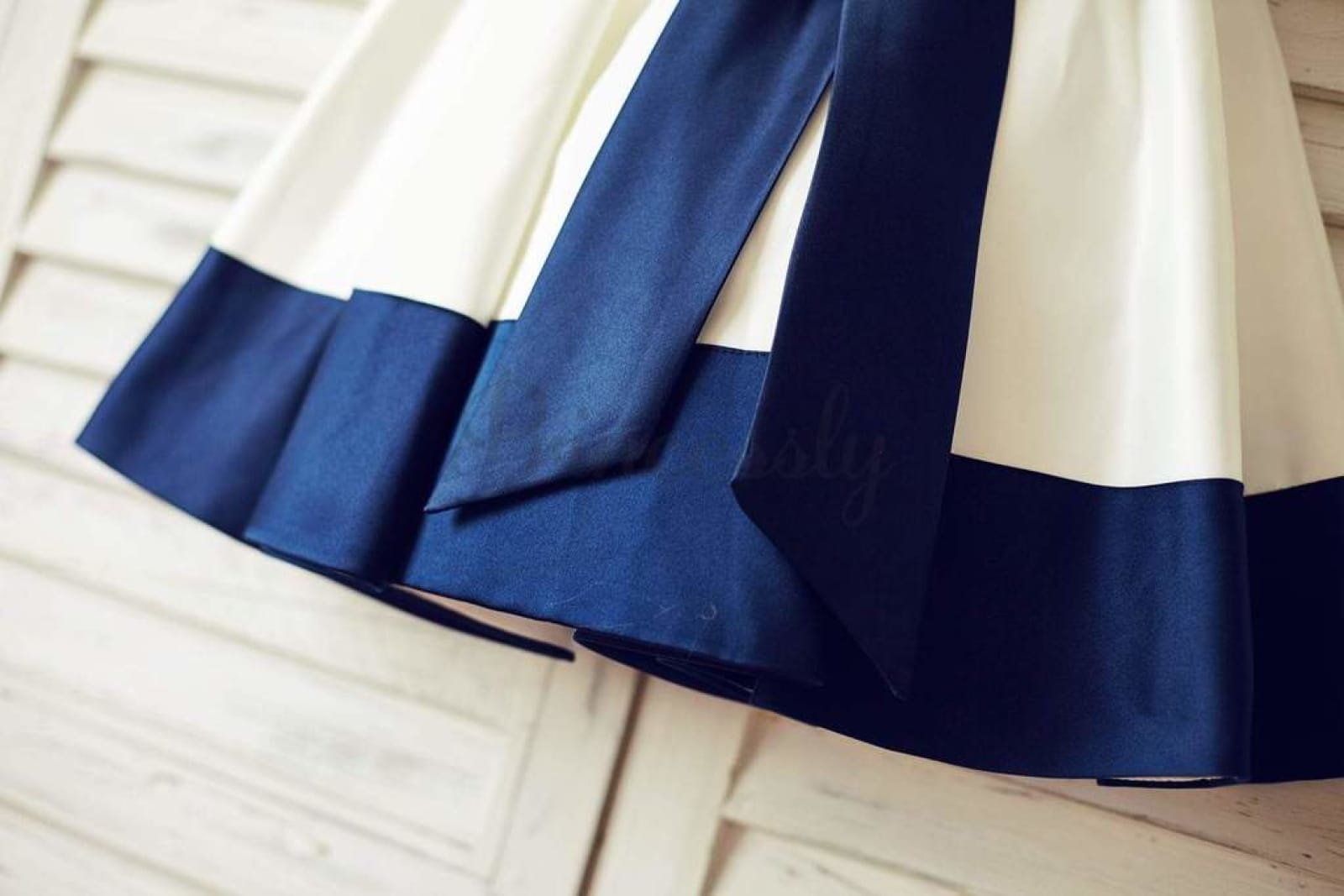 $79 SALE: Ivory Satin Flower Girl Dress with Navy Blue Belt / Bow