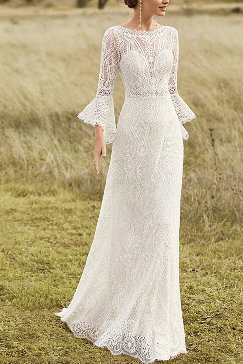 A-line Flounce Sleeve Open Back Floor Length Lace Boho Wedding Dress