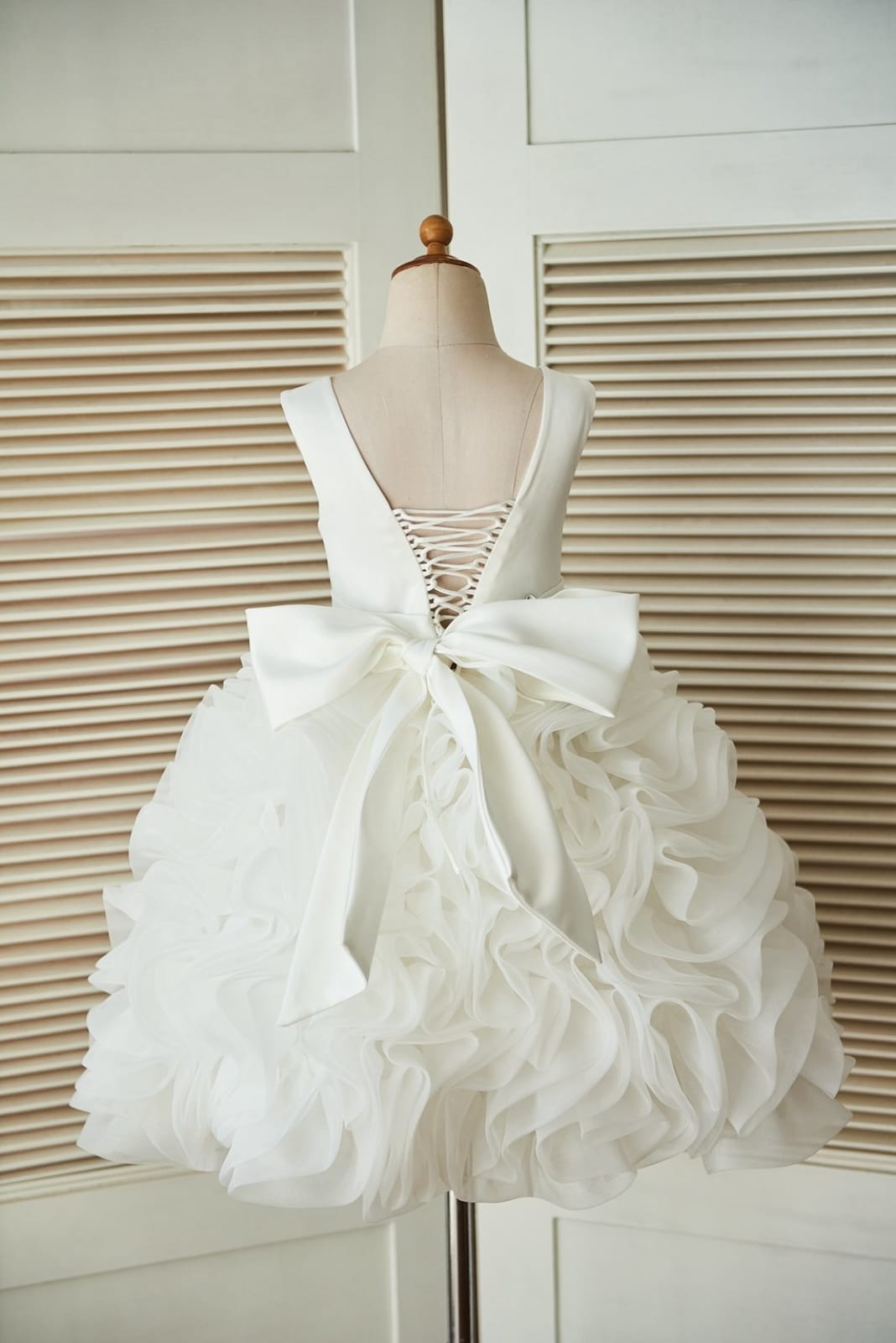 V Back Ivory Satin Organza Ball Gown Wedding Flower Girl Dress