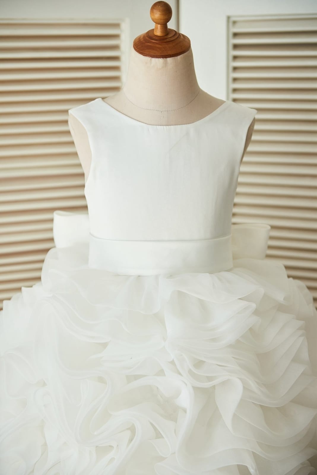 V Back Ivory Satin Organza Ball Gown Wedding Flower Girl Dress