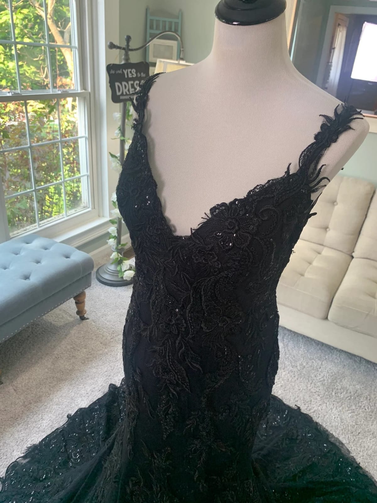 X Back V Neck Black Embroidered Lace Tulle Mermaid Wedding Dress