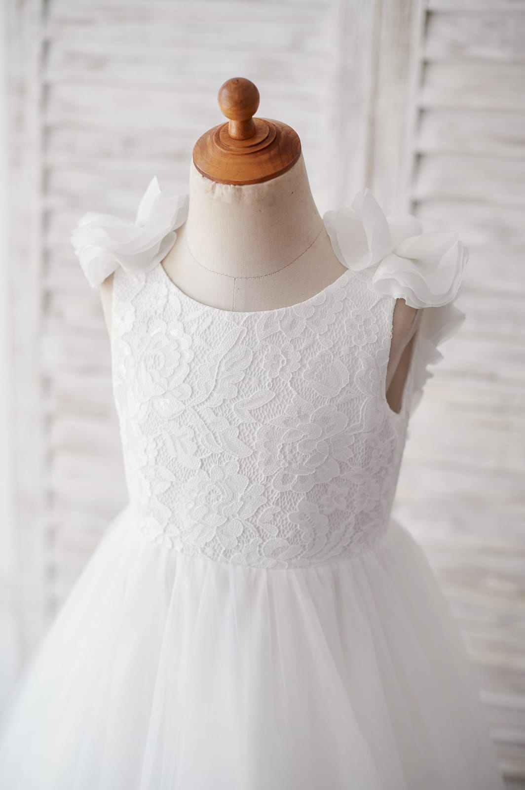 Backless Ivory Lace Tulle Wedding Flower Girl Dress, Pearls