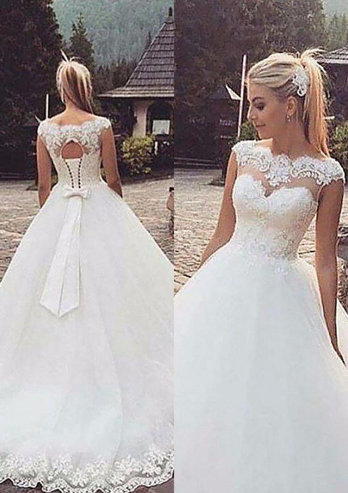 Ball Gown Bateau Cap Sleeve Sweep Lace Tulle Wedding Dress